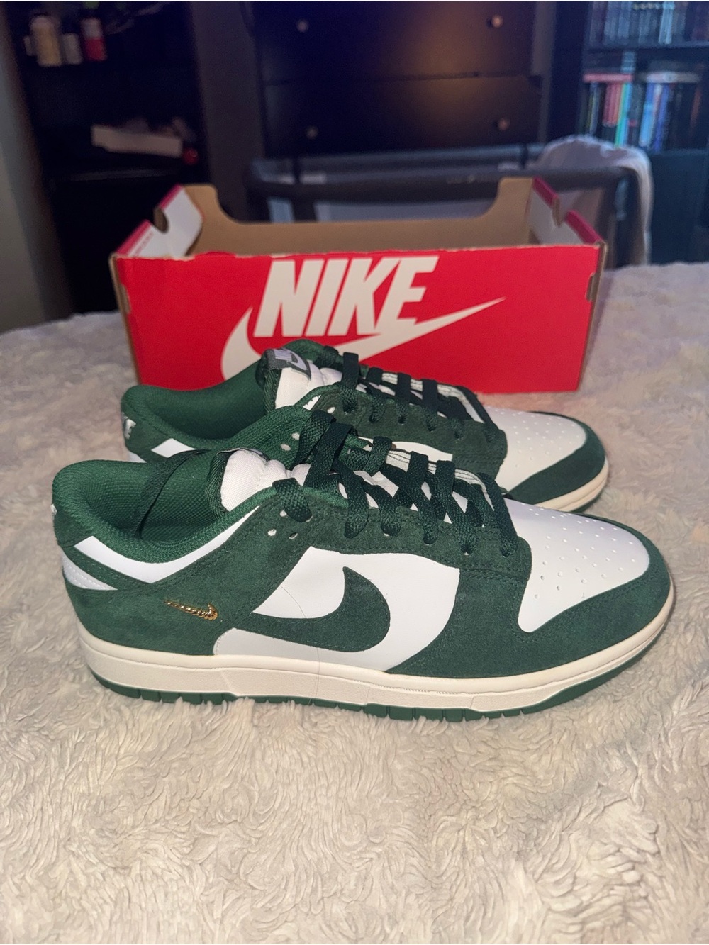 Nike Green & White Low Dunks Sneakers with Gold Accent